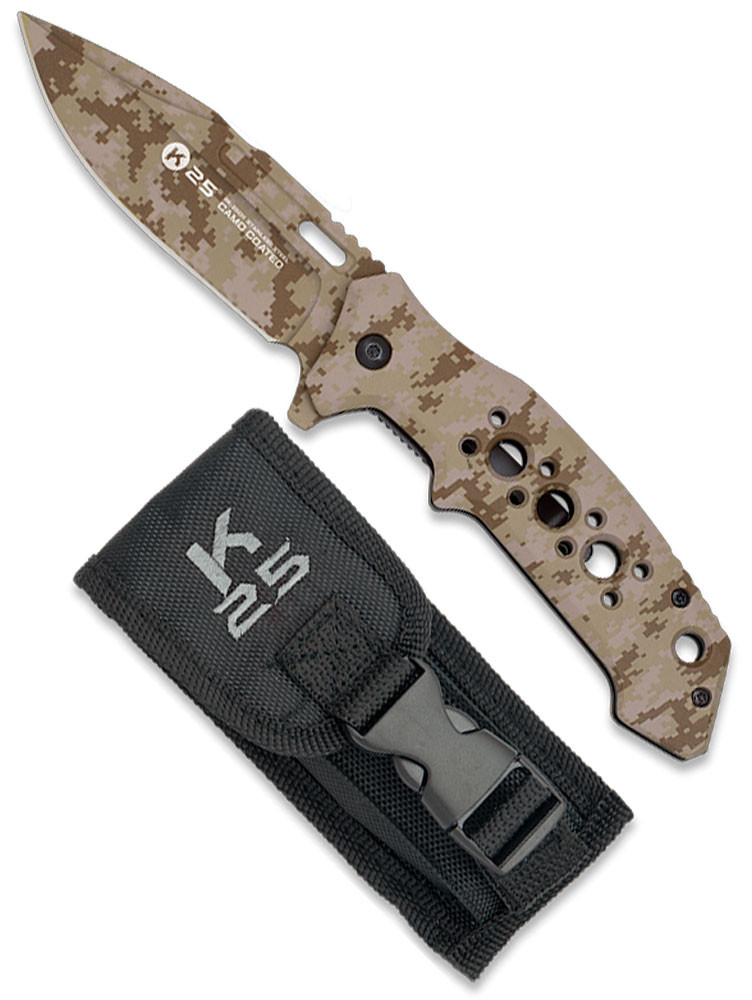 Navaja tattica K25 manico in alluminio mimetico sabbia