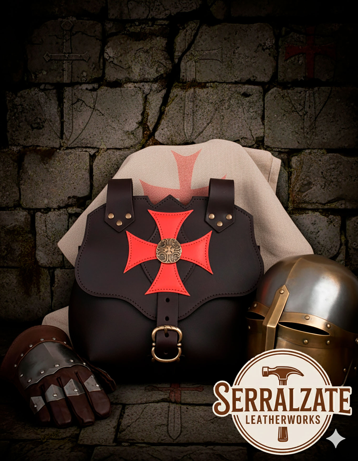 Borsa templare marrone scuro croce Paté, per cintura