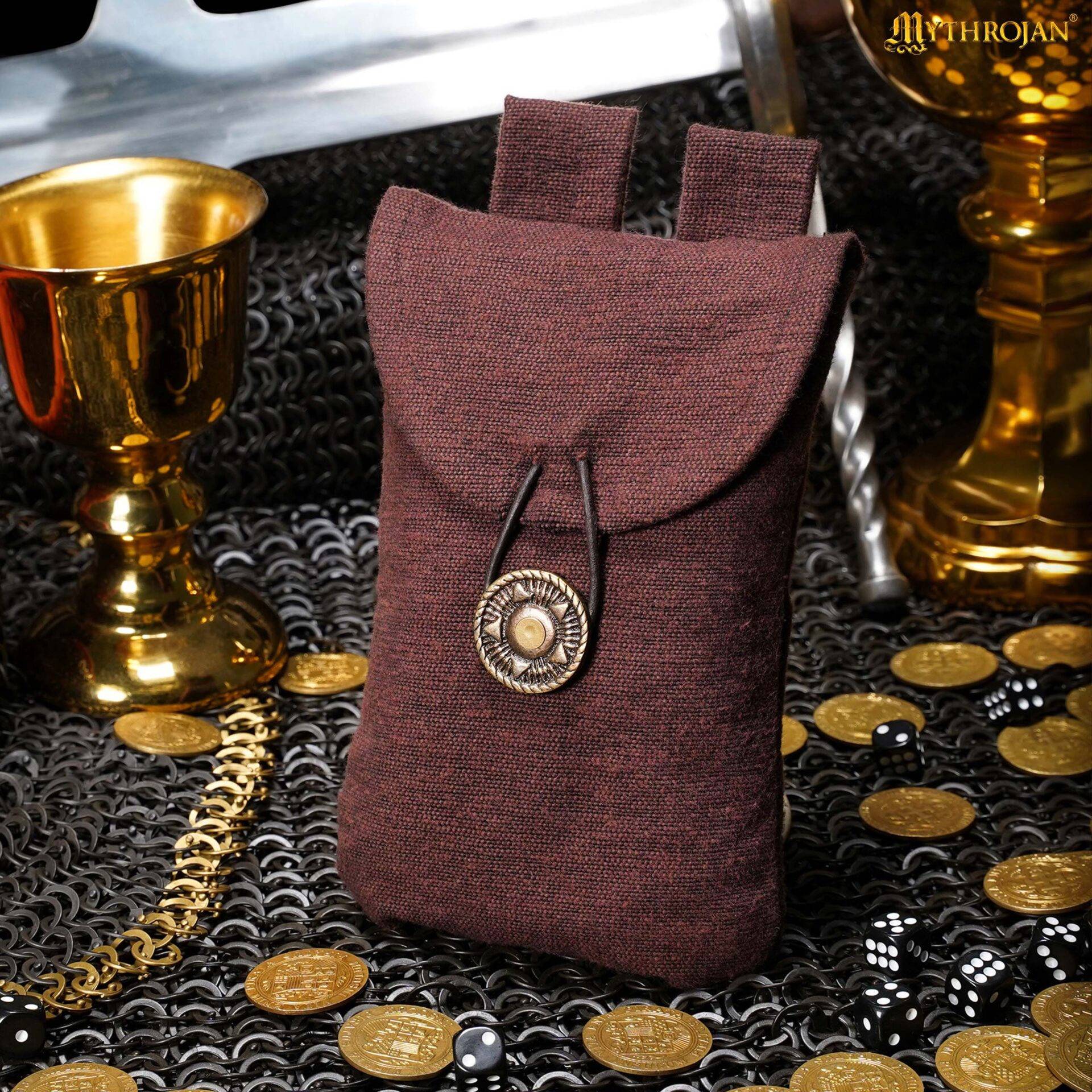 Borsa medievale in cotone marrone con chiusura in ottone