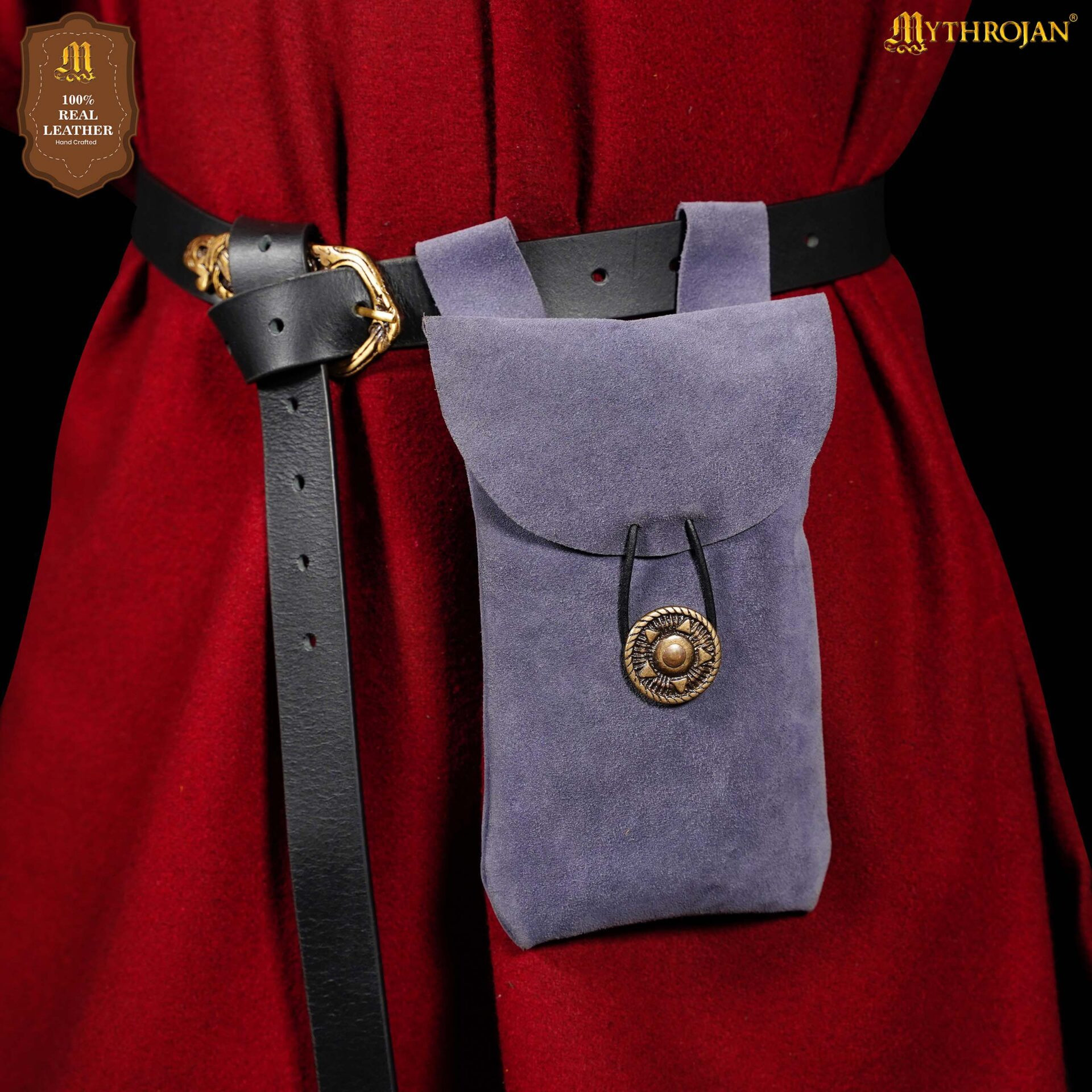 Borsa medievale limosnera in pelle scamosciata con chiusura a bottone, colore azzurro argento