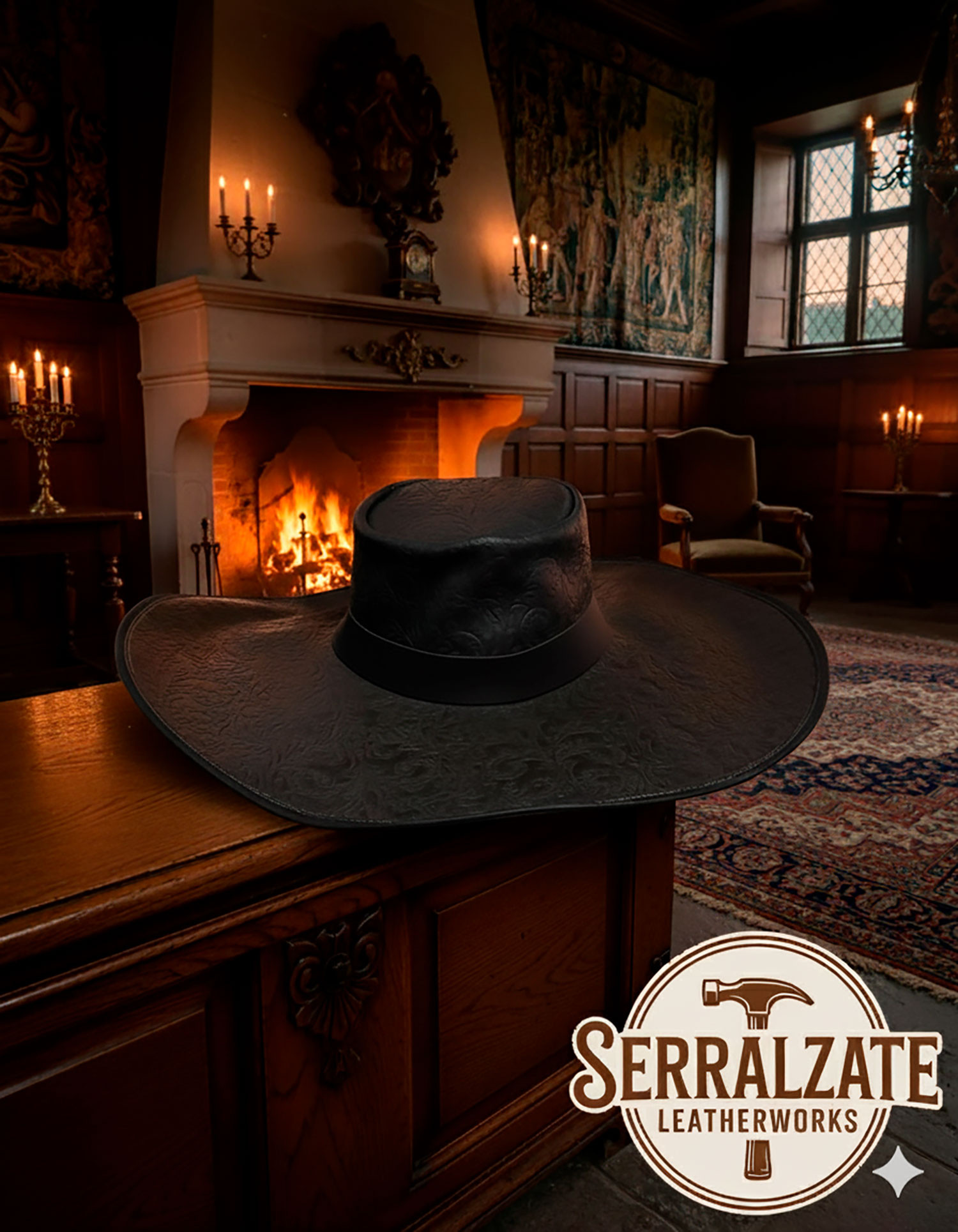 Cappello medievale in pelle Deluxe modello Alatriste, colore nero