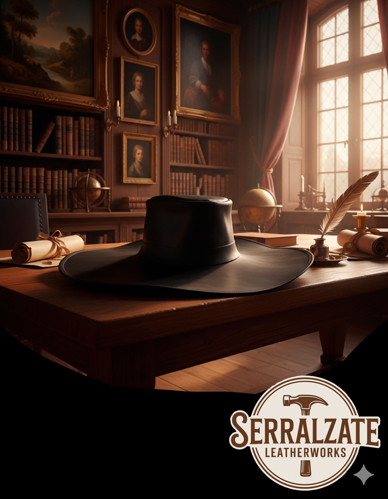 Cappello medievale in pelle modello Alatriste, colore marrone