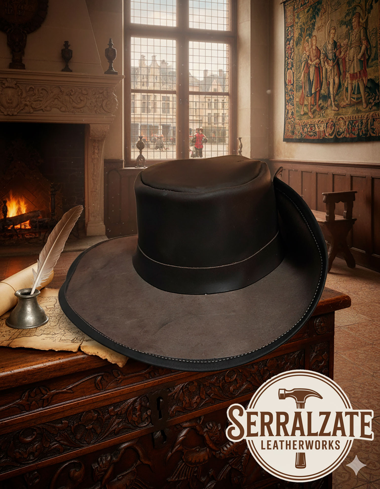 Cappello medievale in cuoio modello Fiandre, colore marrone