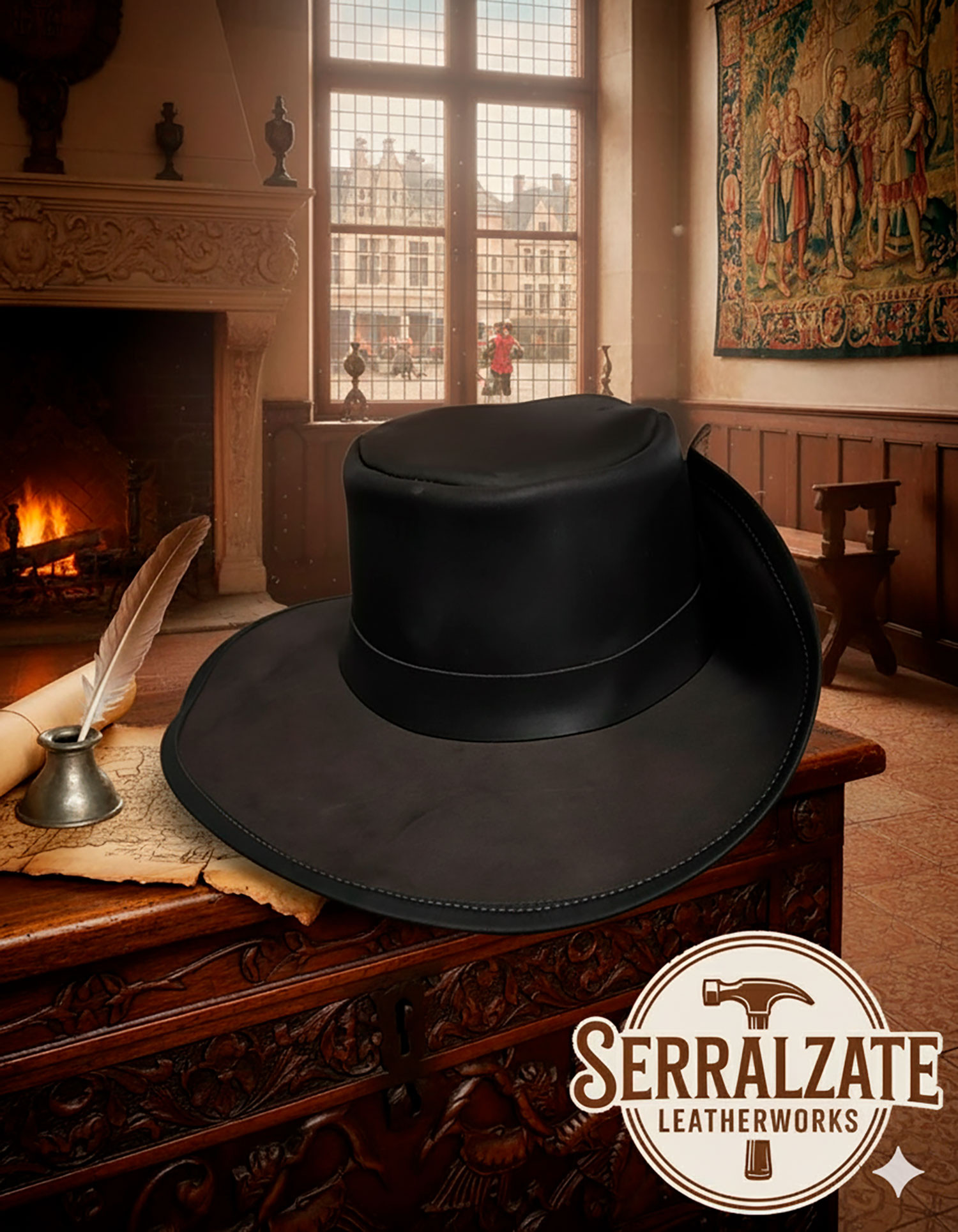 Cappello medievale in cuoio modello Fiandre, colore nero