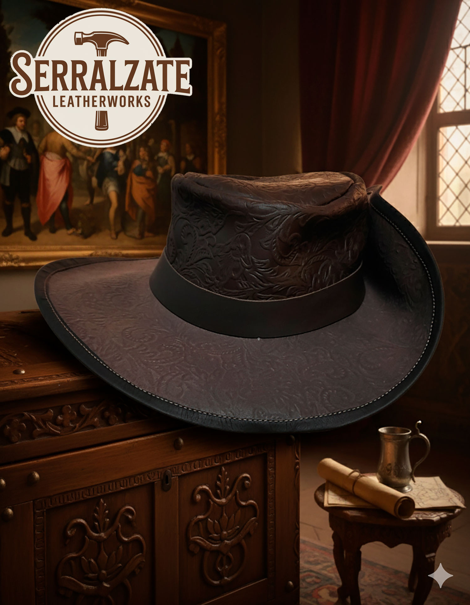 Cappello medievale in cuoio Deluxe modello Fiandre, colore marrone