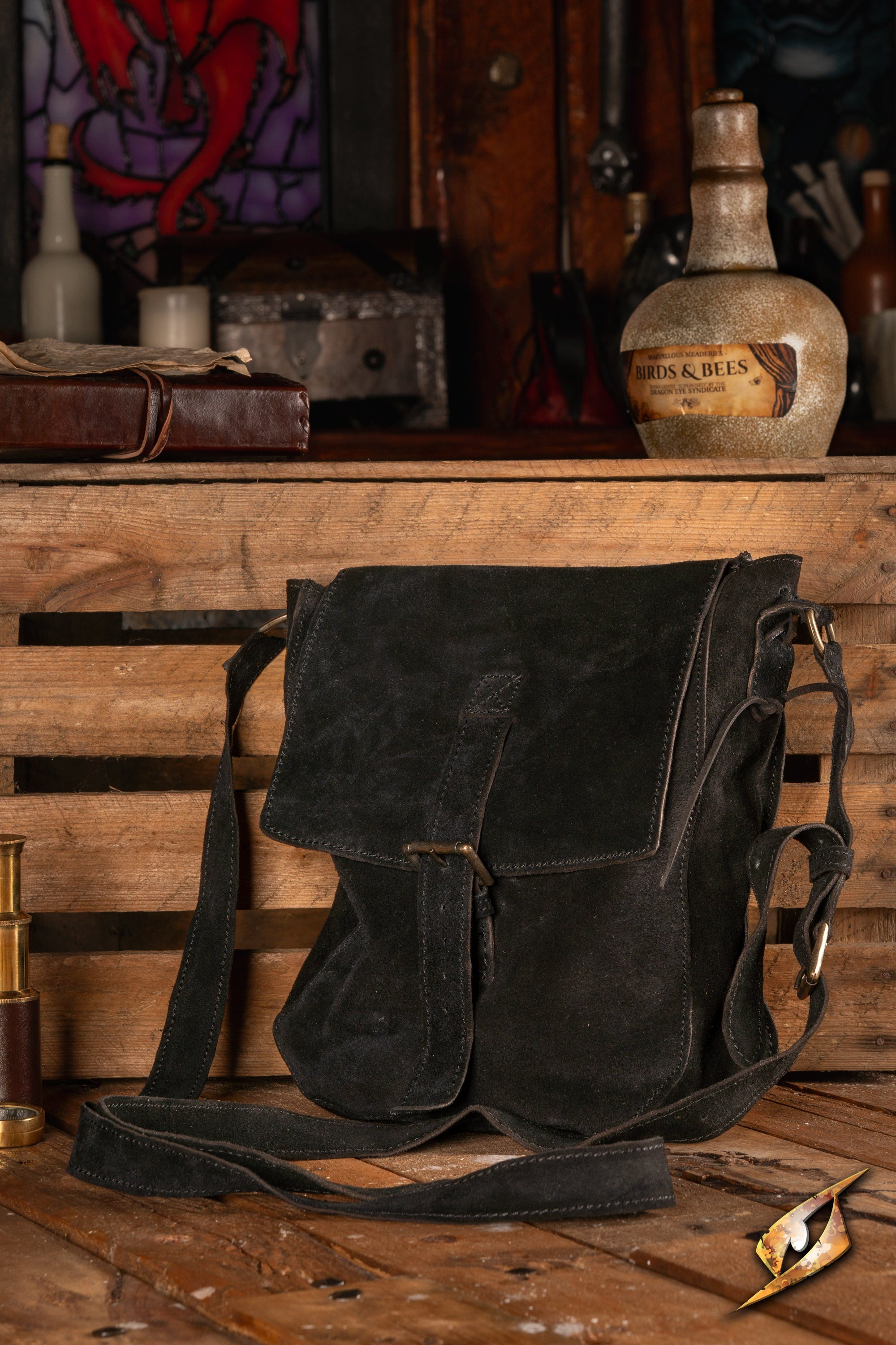 Borsa a tracolla medievale in pelle scamosciata, colore nero