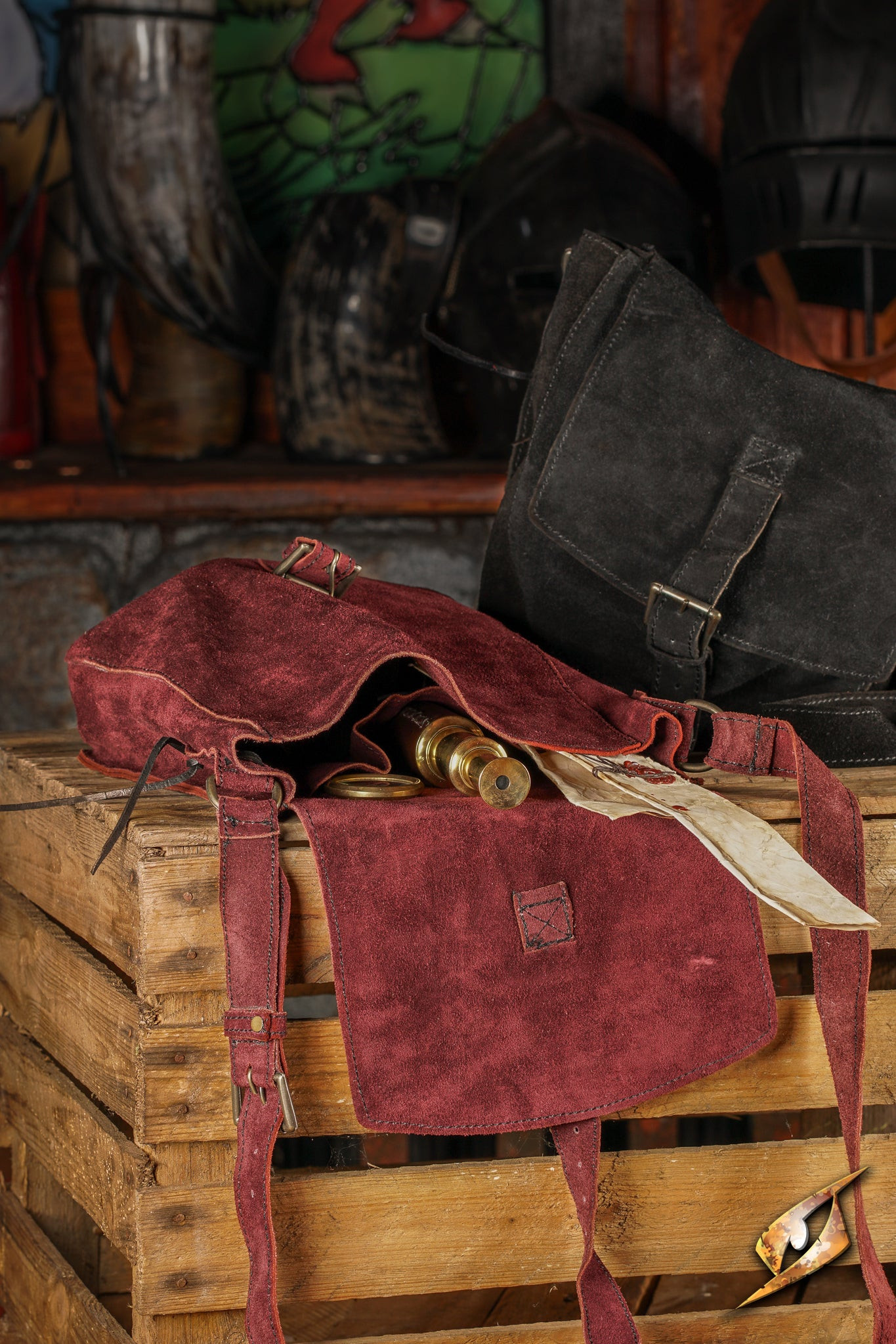 Borsa a tracolla medievale in pelle scamosciata, colore bordeaux
