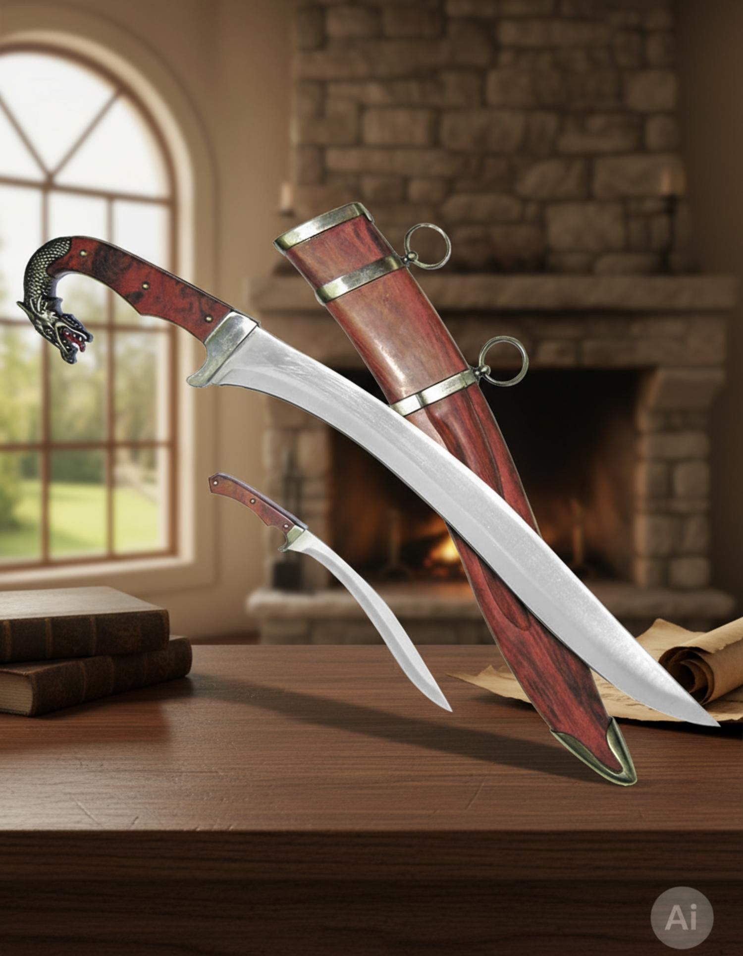 Falcata Dragone con coltello e guaina