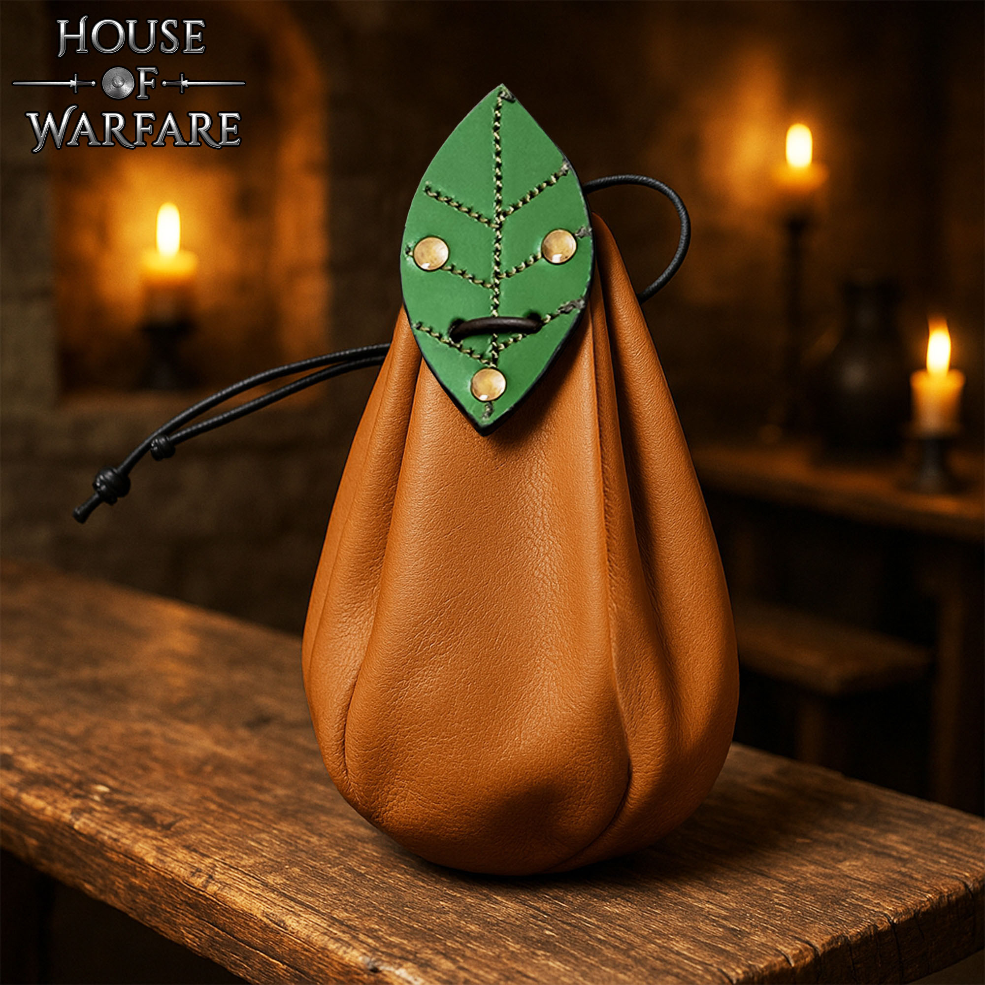 Borsa limosnera per cintura in pelle marrone, dettagli foglia