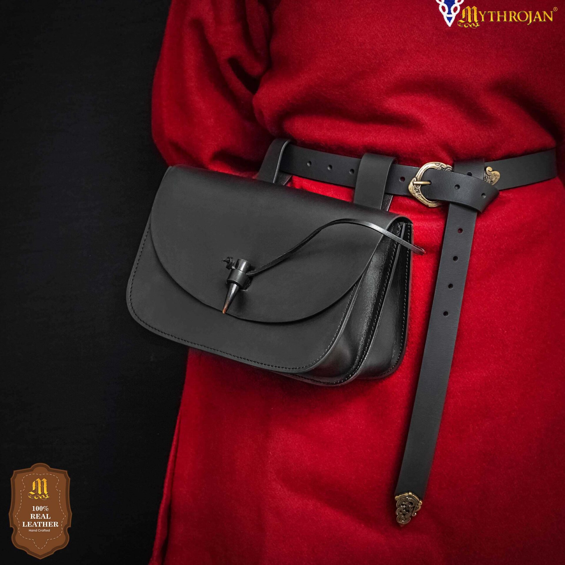 Borsa medievale per cintura con chiusura a corno, colore nero
