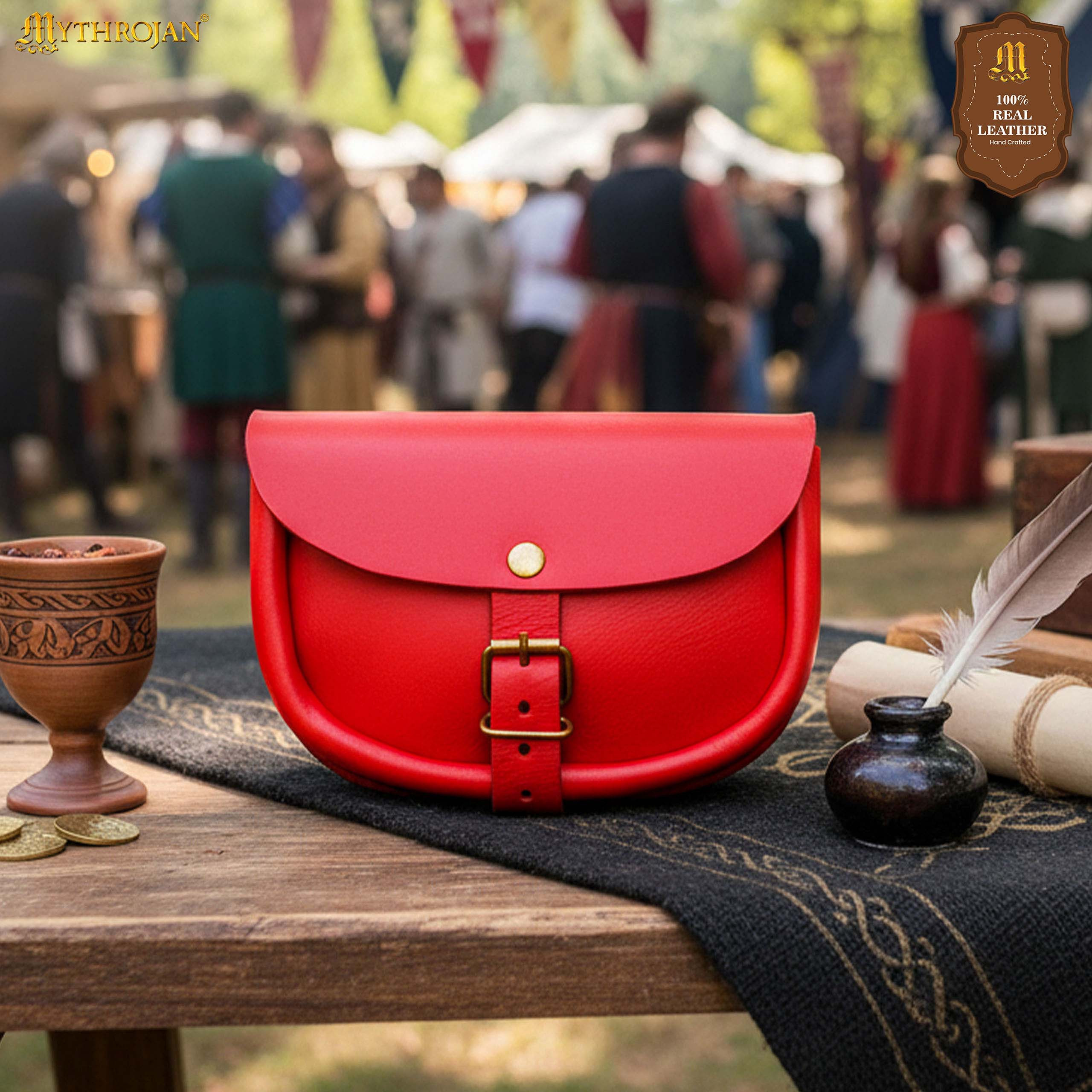 Borsa medievale semplice in pelle, colore rosso