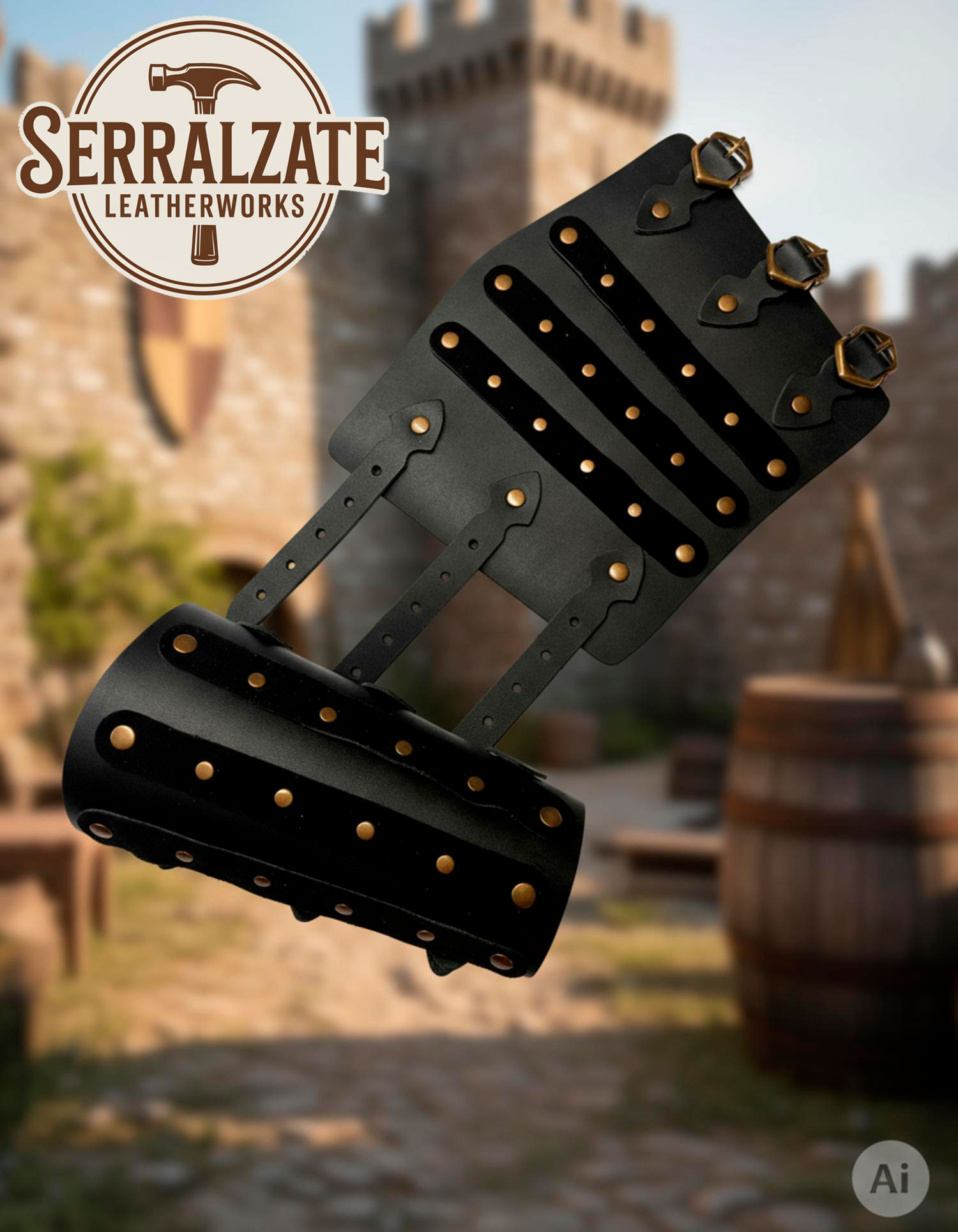 Bracciali LARP in vera pelle nera regolabili