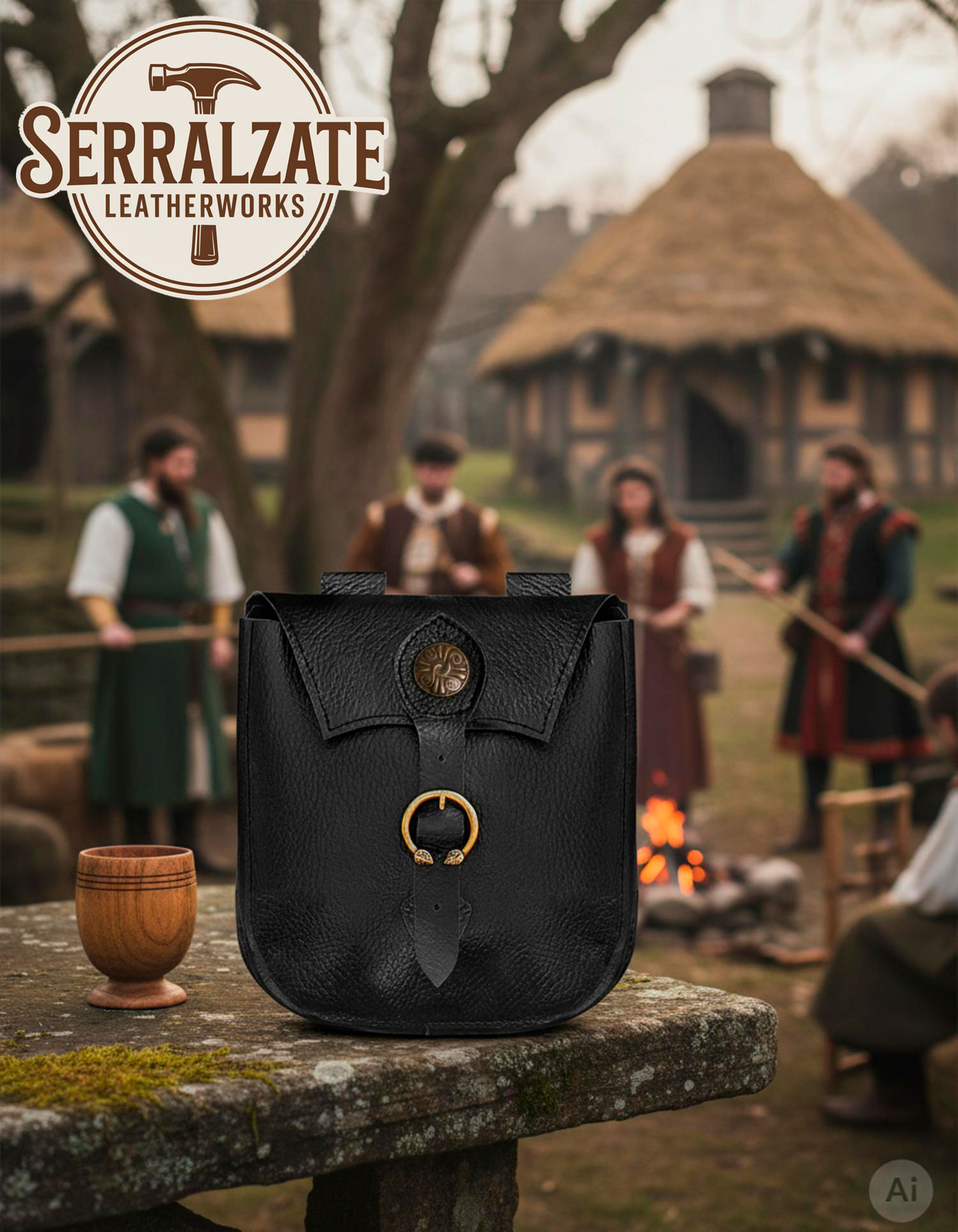 Borsa celtica artigianale in pelle per guardaboschi, nera