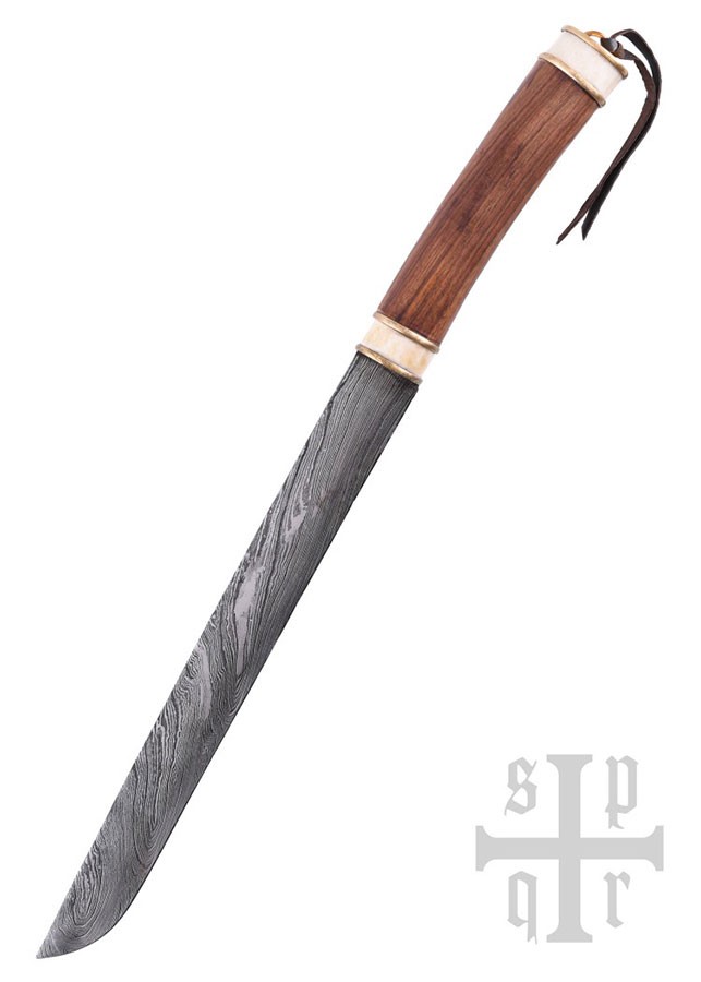 Coltello vichingo Seax in damasco, manico in noce e osso