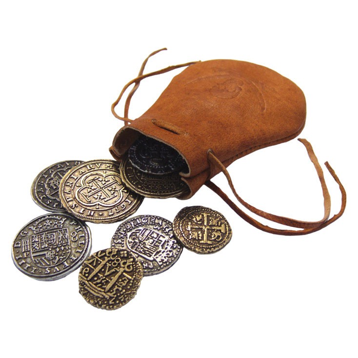 Borsa pirata in pelle con 8 monete spagnole