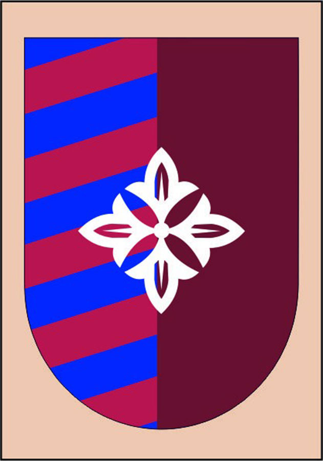 Stendardo medievale rosso granato-blu con fiore di lys centrale