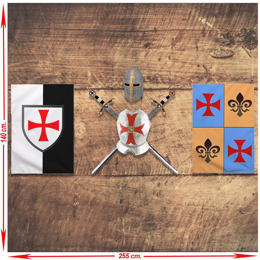 Panoplia dei Cavalieri Templari. spade, pettorali, elmo e stendardi