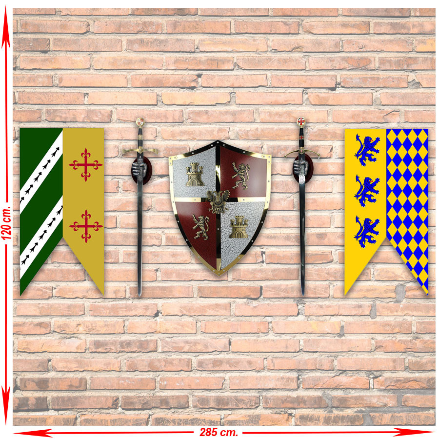 Panoplia medievale di Castilla y León con spade, stendardi e scudo