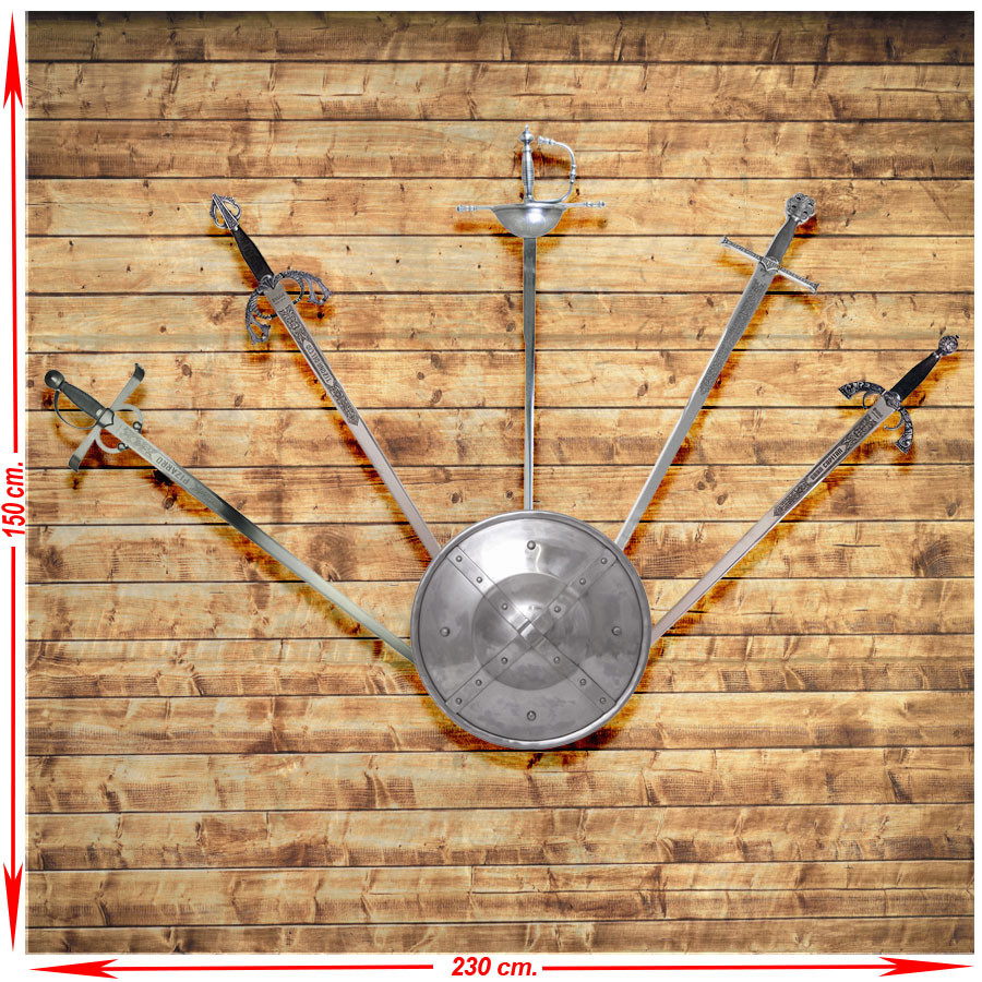 Panoplia (1) con cinque spade medievali reali e storiche con scudo