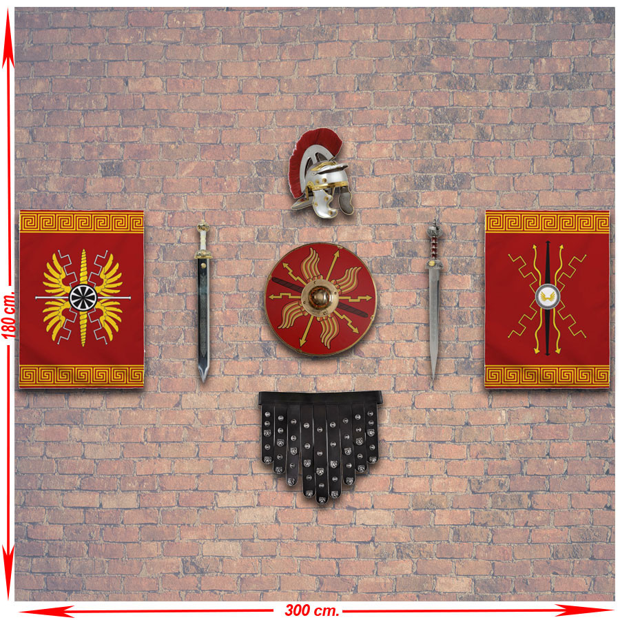 Panoplia armi legioni romane. stendardi, scudo, gladio, elmo e cingolo