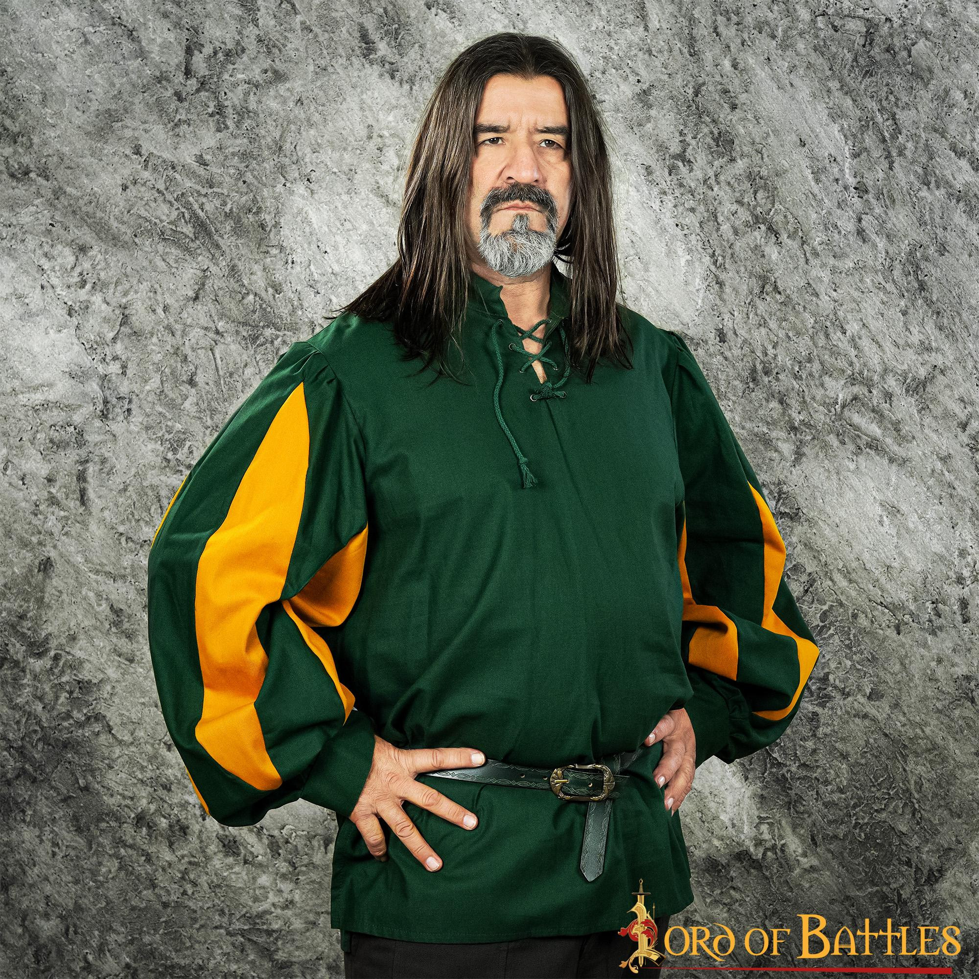 Camicia in ebano rinascimentale con maniche in due colori: verde e arancione