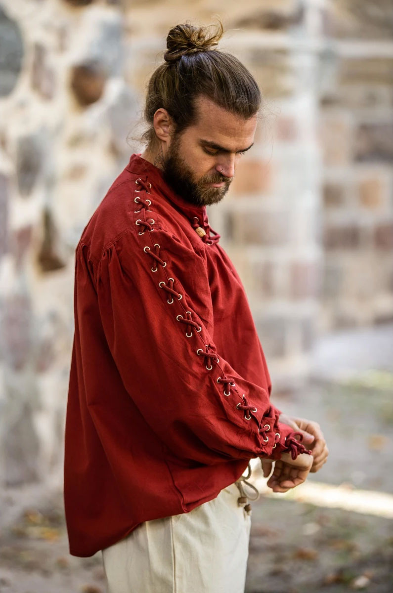 Camicia medievale Adrian con lacci, colore rosso