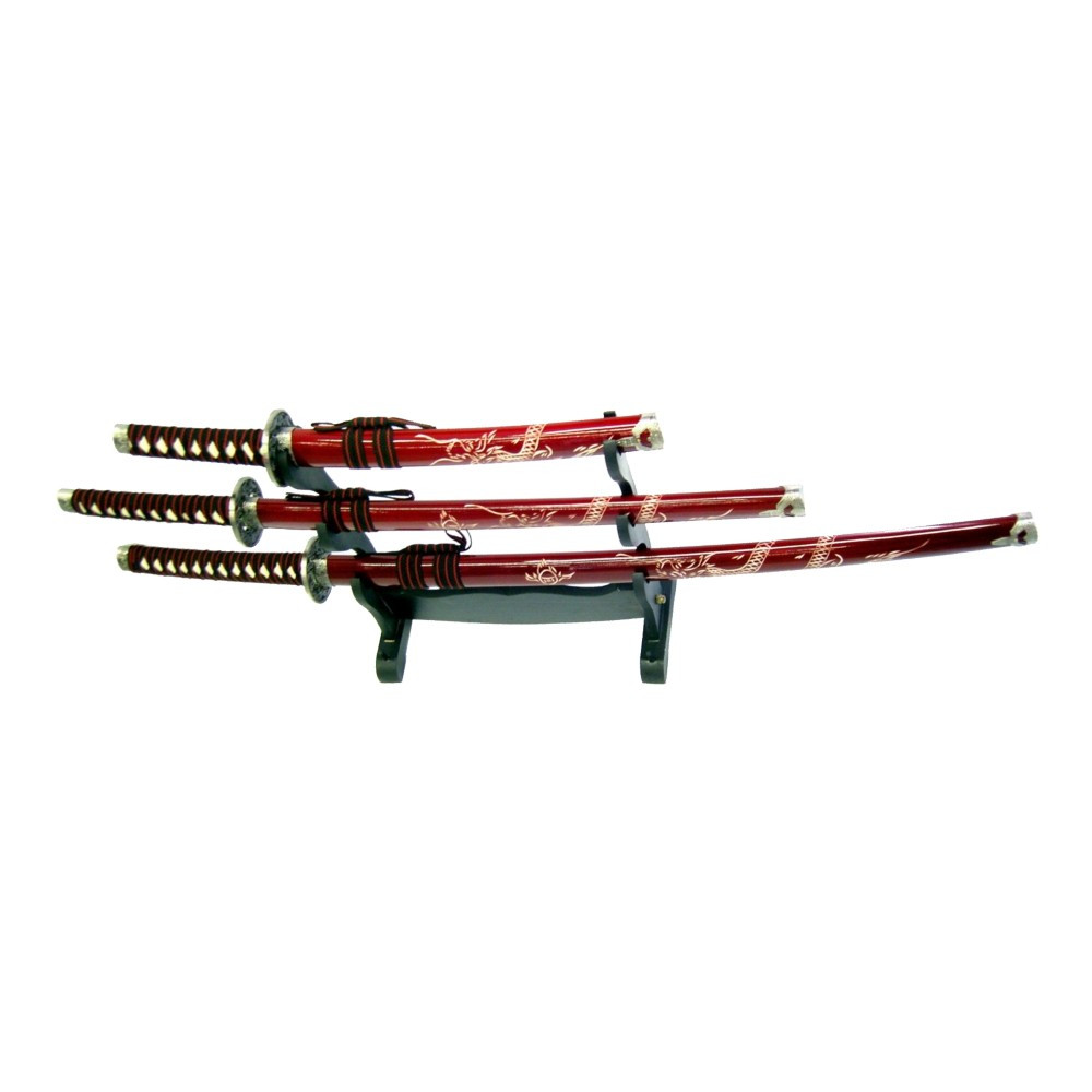 Set ornamentale Drago con Katana, wakizashi e tanto rosso