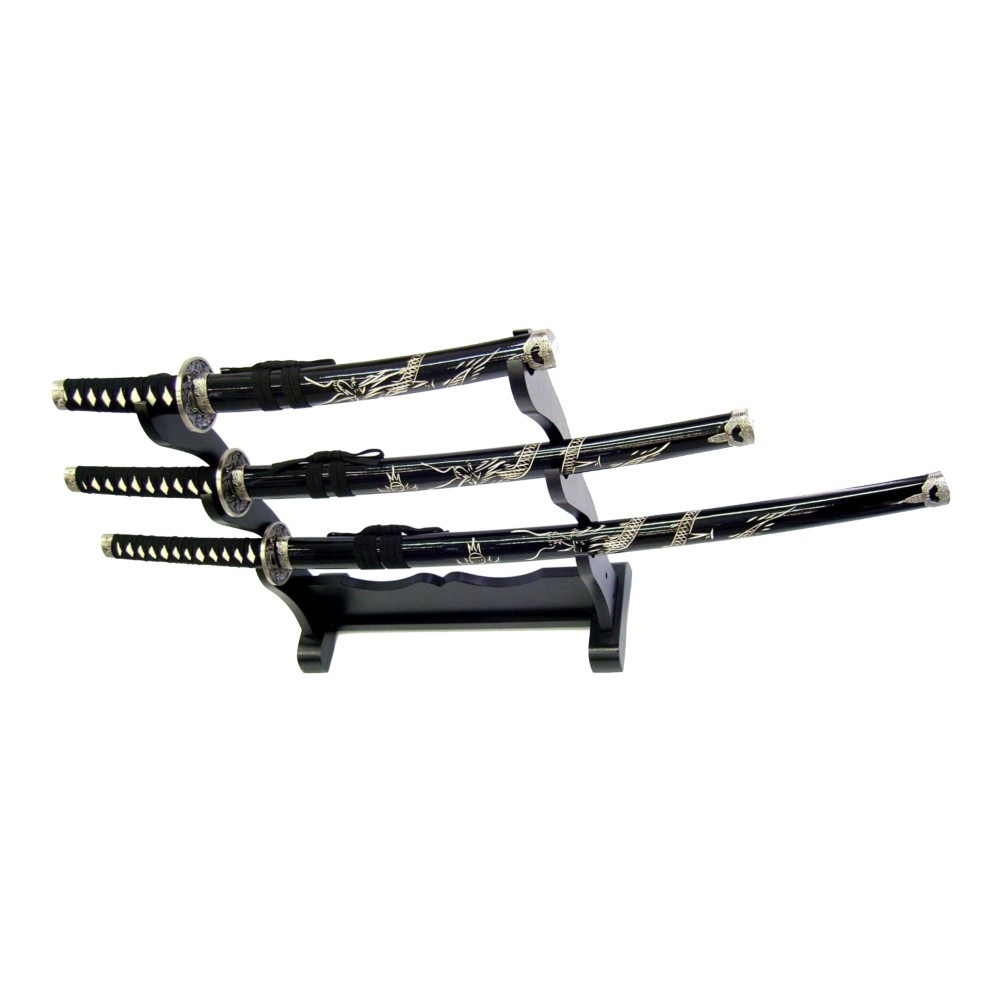 Set ornamentale drago con Katana nera, wakizashi e tanto