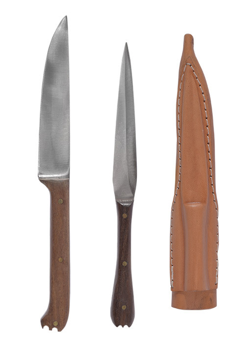 Set 2 posate medievali con rivestimento in pelle - manico in legno