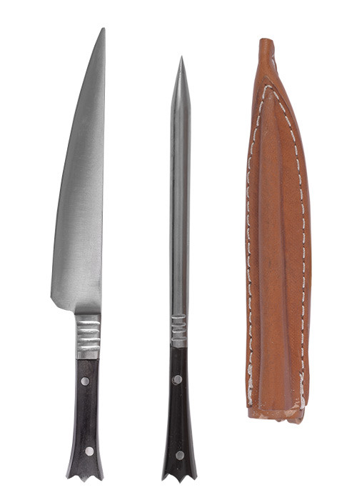 Set 2 posate medievali merlate con rivestimento in pelle - corno corno