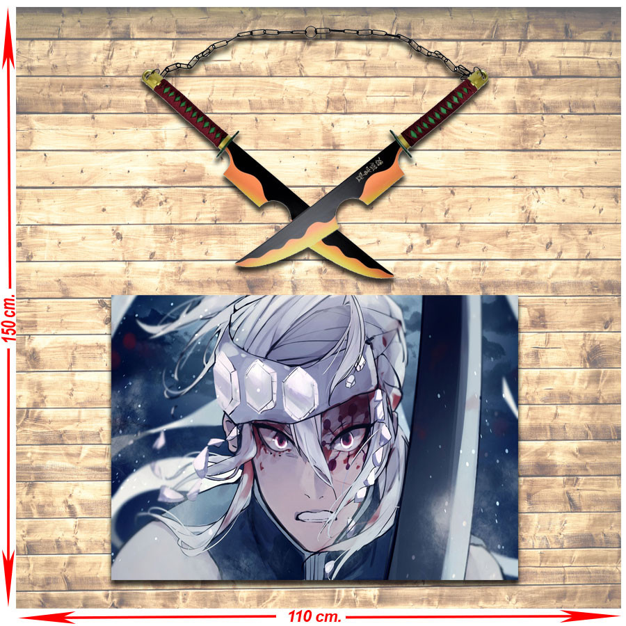 Confezione spade gemelle Tengen Uzui + stendardo, Kimetsu No Yaiba