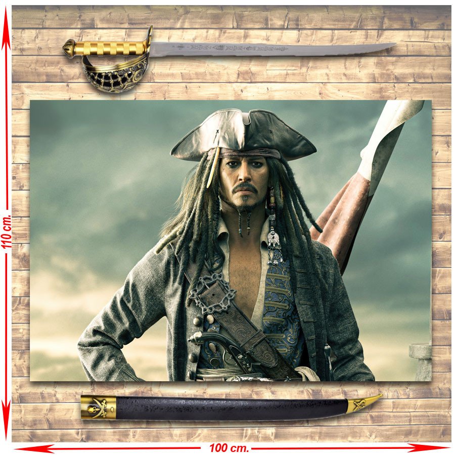 Pacchetto Spada Pirati dei Caraibi Jack Sparrow + Stendardo