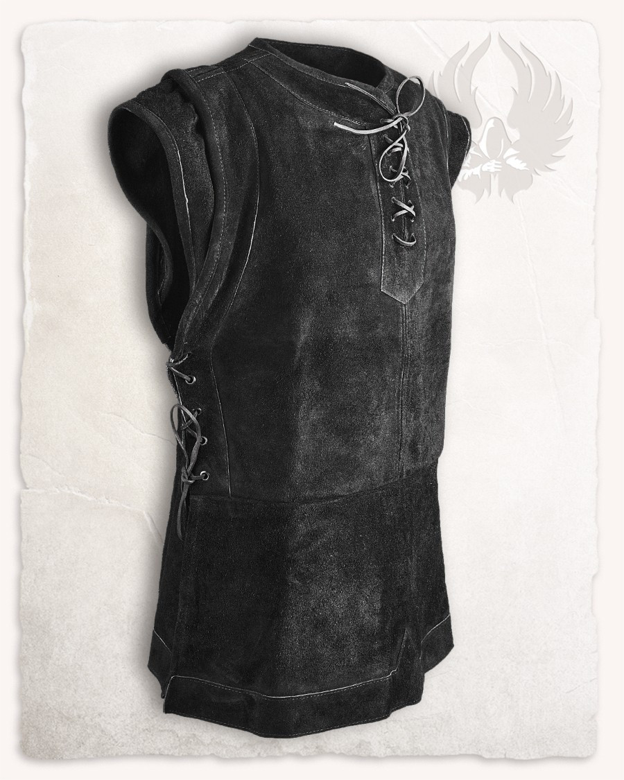 Gilet medievale chiuso in pelle scamosciata, modello Penda, nero.
