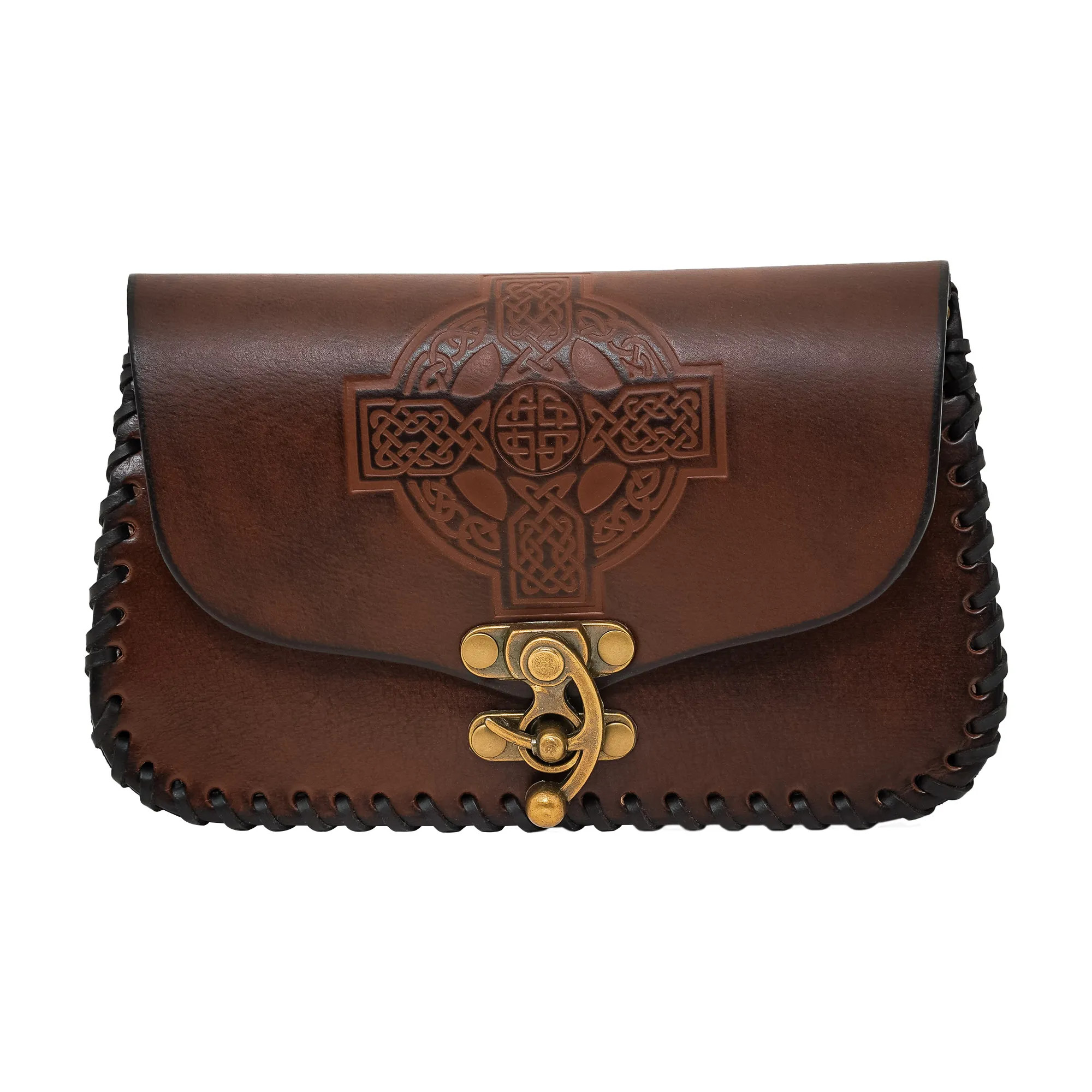 Borsa in pelle con croce celtica in rilievo, marrone