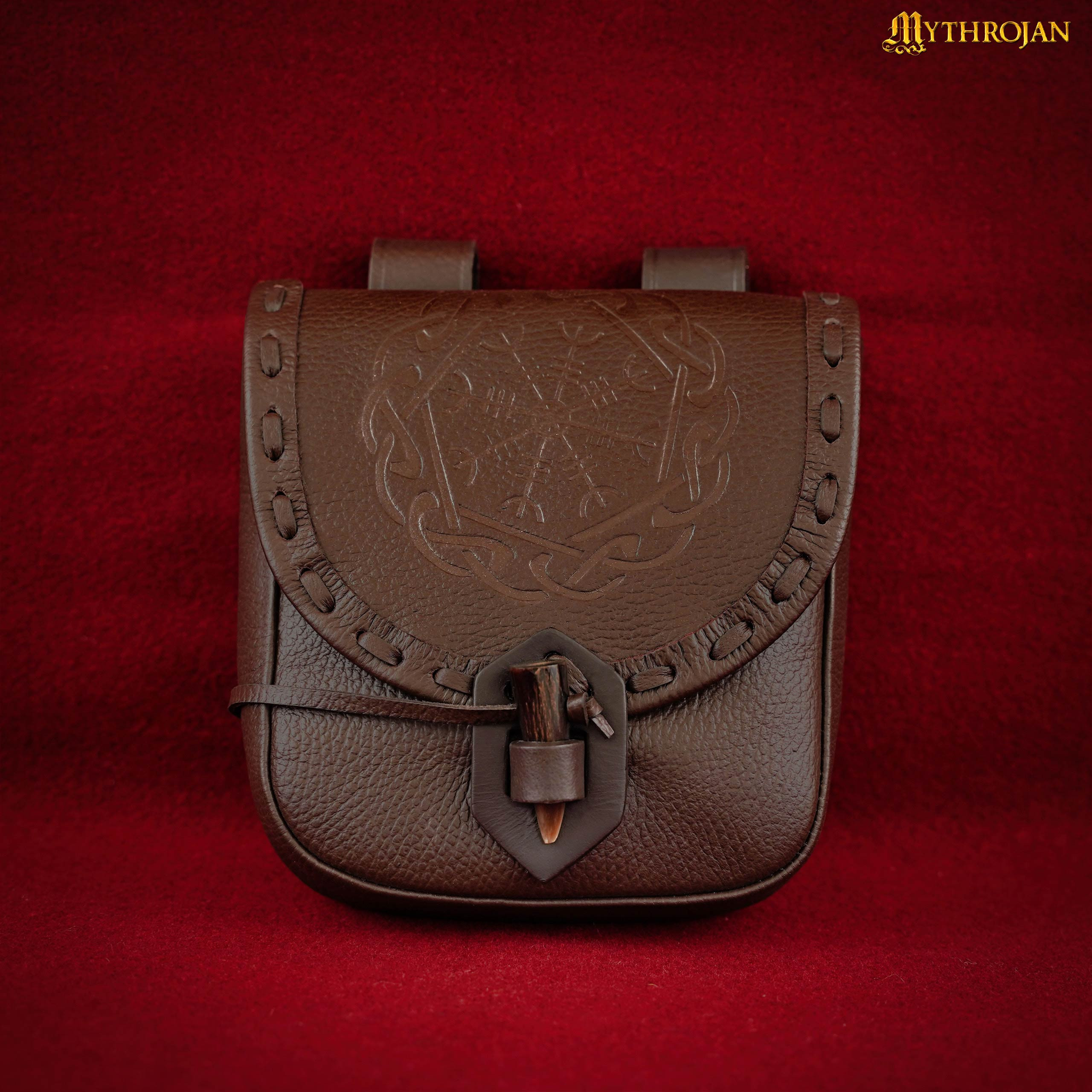 Borsa nordica in pelle goffrata simbolo Aegishjalmur, marrone