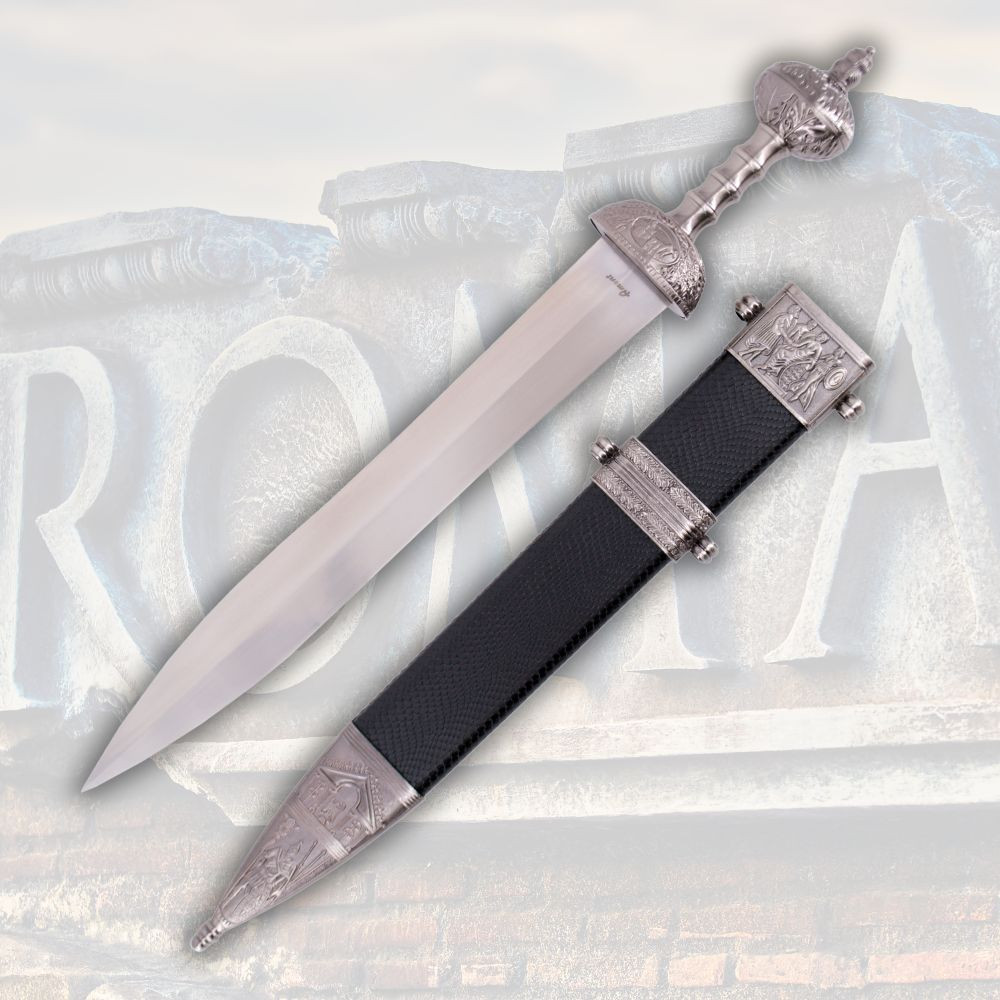 Spada romana Gladius con fodero nero decorato, nichel