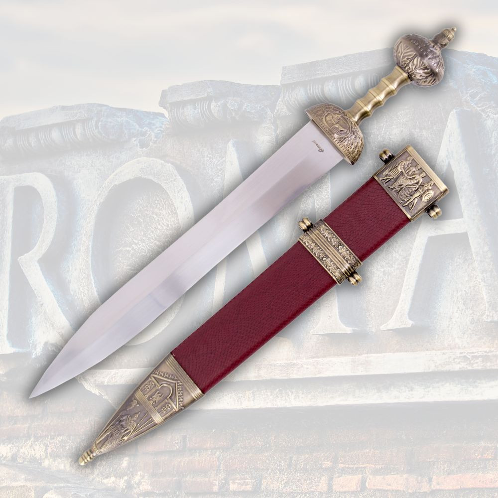 Spada romana Gladius fodero nero decorato, finitura bronzo