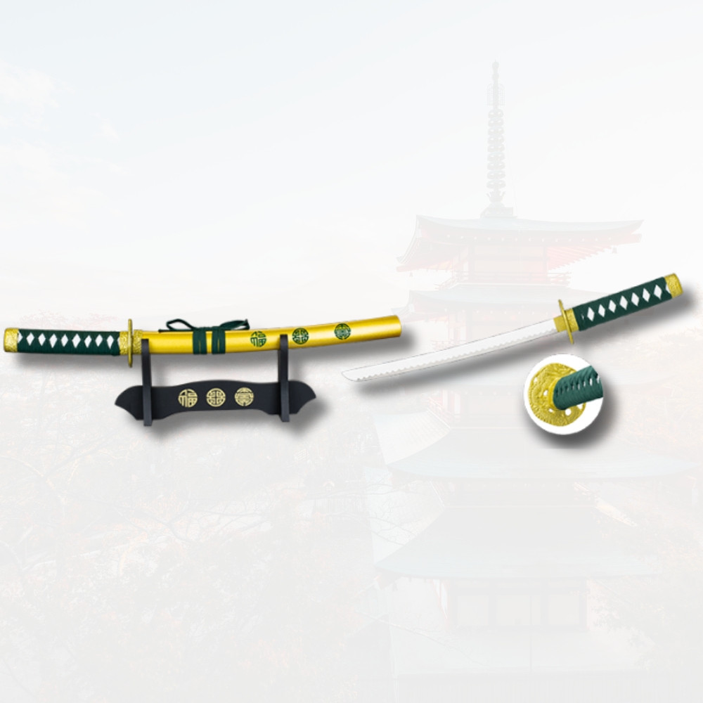 Katana decorativa in miniatura con supporto, colore nero-giallo