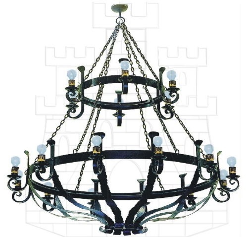 Lámpara forja grande cadenas 18 luces 503x478 - Forgia Medievale: Appliques, lampade, torce ...