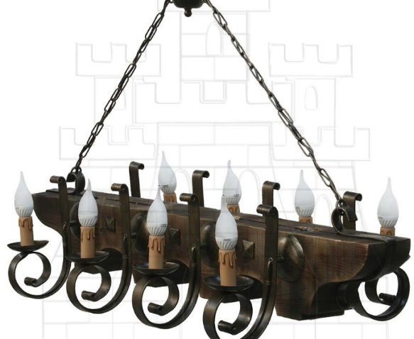 Lámpara forja y madera brazos 583x478 - Lampade e lampadari medievali in ferro battuto